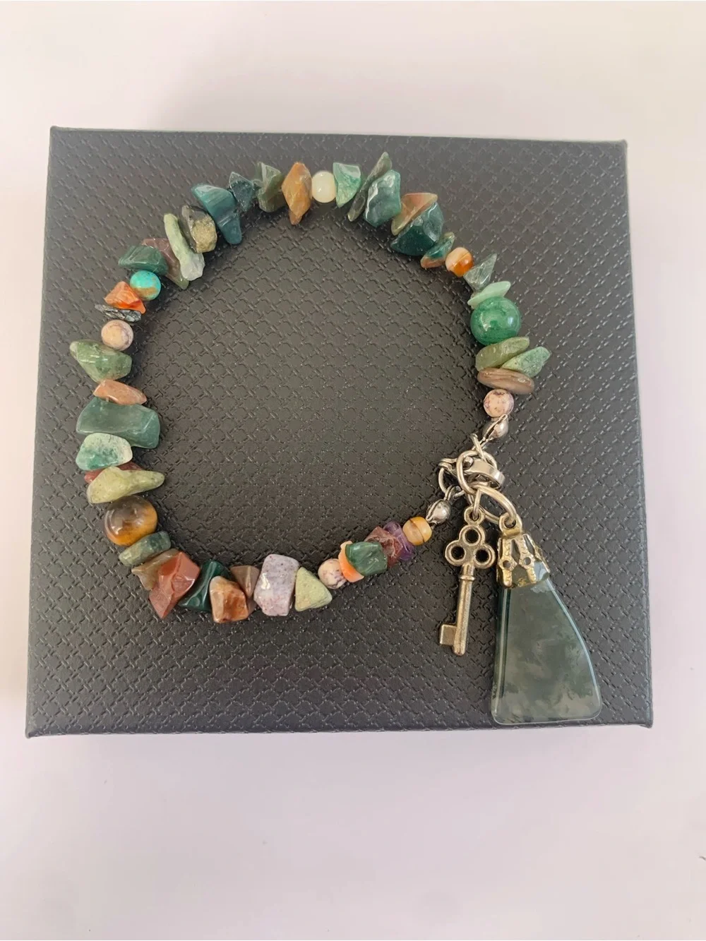 Multicolor Beaded Gemstone Charm Bracelet with Moss Agate Pendant